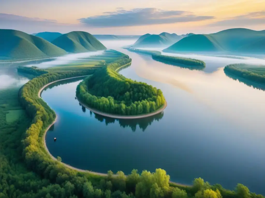 Volga River al atardecer: serenidad dorada en paisaje ruso Paisaje sereno del río Volga al atardecer, reflejando su significado cultural