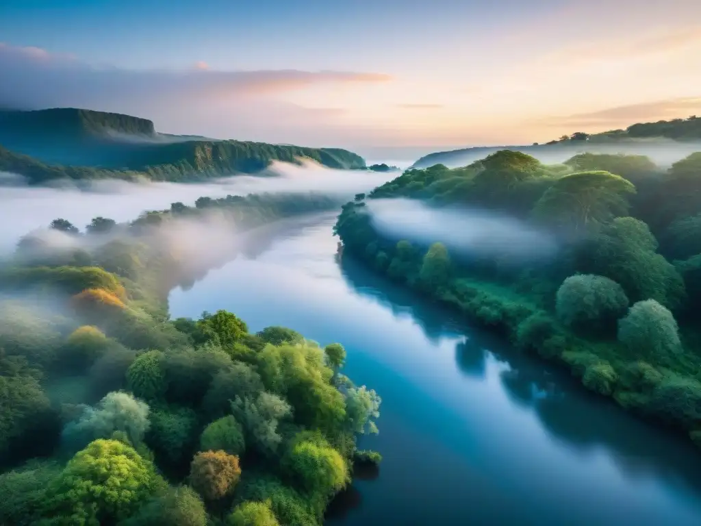 Río sereno al amanecer: belleza natural y armonía Paisaje sereno de un río al amanecer, reflejando colores vibrantes del cielo