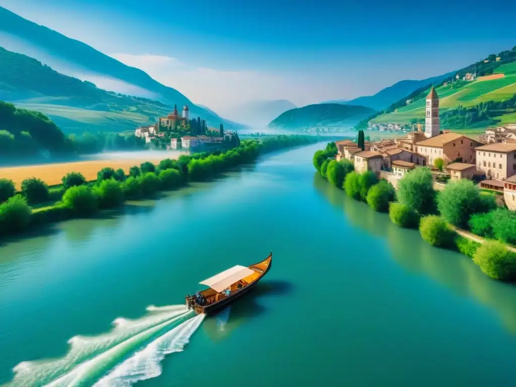 Paisaje sereno del Río Po, reflejando la historia y cultura italiana con arquitectura histórica, barco vintage y cielo azul