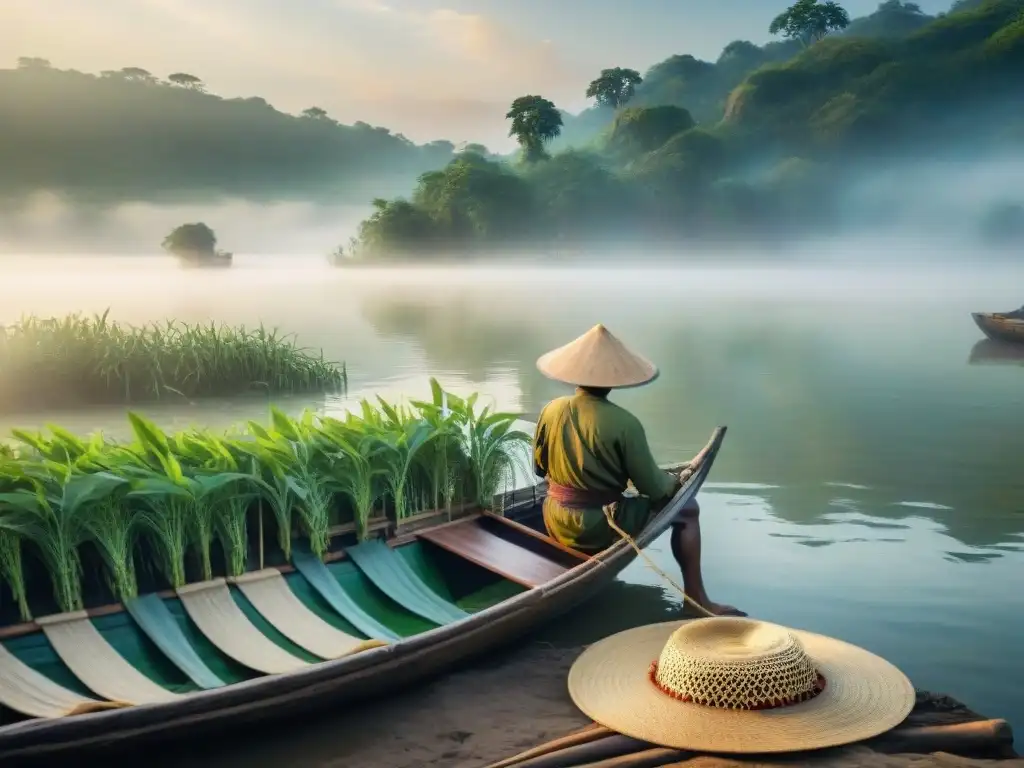Paisaje de río al amanecer con pescador preparando redes Paisaje sereno de río al amanecer, con neblina, bosques verdes y pescador preparando redes