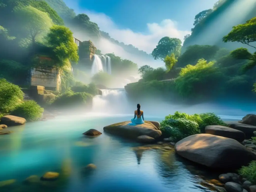 Río sereno: belleza natural y sanación ancestral Paisaje sereno de un río soleado, rodeado de vegetación exuberante y antiguas estructuras de un balneario de río con historias