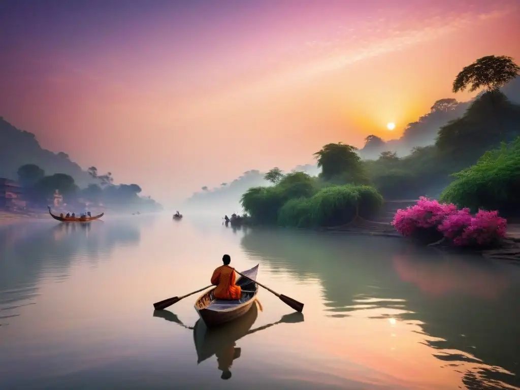 Amanecer mágico en el río Ganges: barcaza solitaria entre colores suaves Paisaje sereno del Ganges al amanecer con tonos rosados y naranjas en el cielo reflejados en sus tranquilas aguas