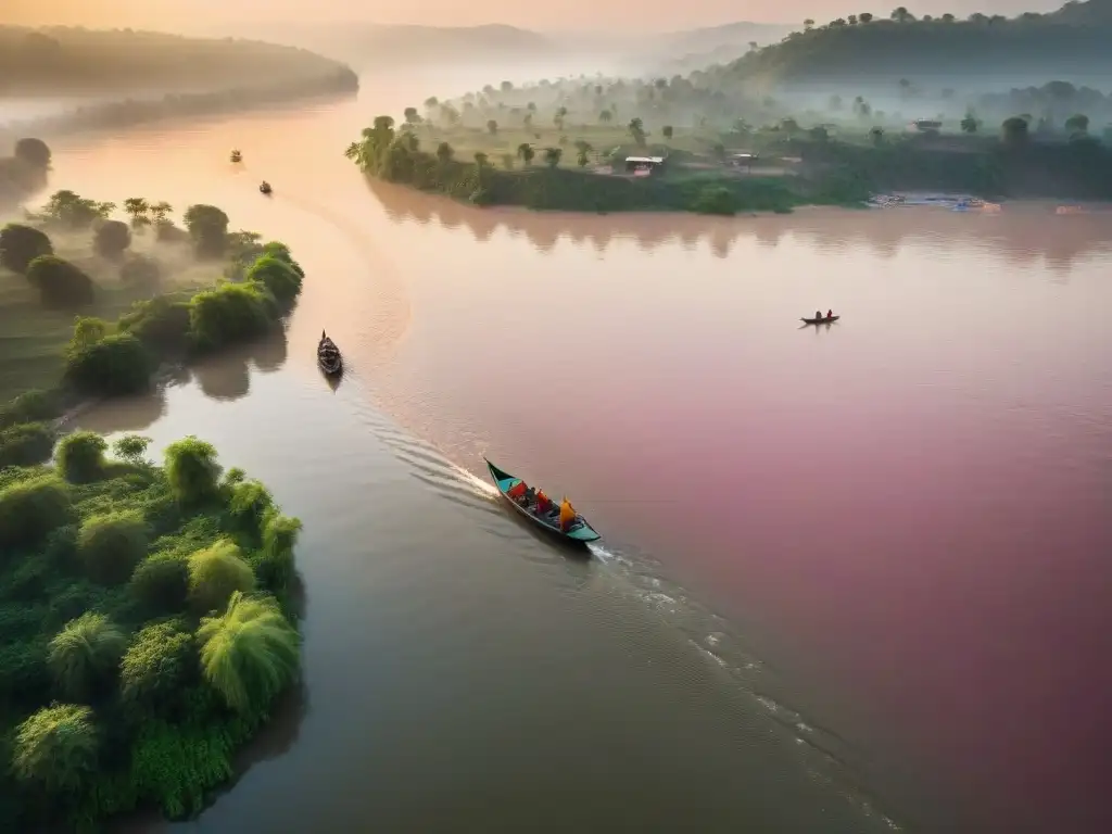 Magia al atardecer en el sagrado río Ganges Paisaje sereno del río Ganges con tonos rosados y naranjas al atardecer, reflejando la vitalidad de la restauración del río Ganges cambio destinos
