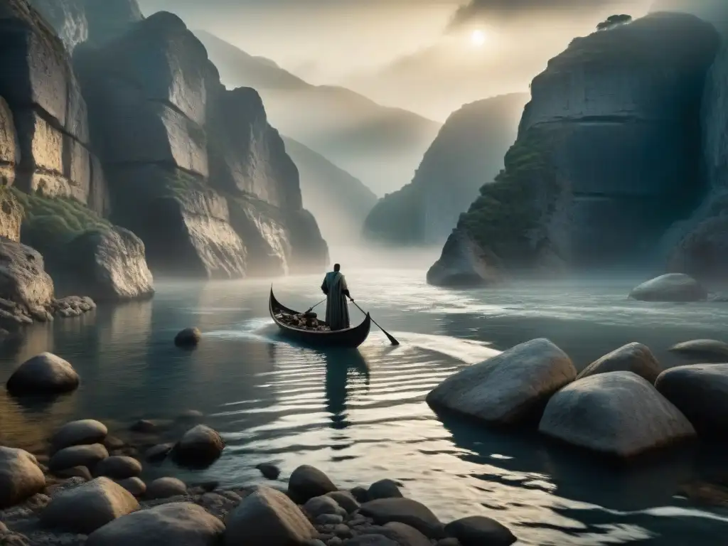 Río Estigia: melancolía y belleza en el inframundo griego Un paisaje sombrío y misterioso del río Aqueronte en el inframundo griego, transmitiendo tristeza y belleza