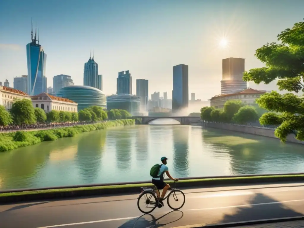 Metrópolis fluyente: la armonía entre ciudad y río Un paisaje urbano con un río serpenteante, reflejando la vida entre edificios modernos y áreas verdes