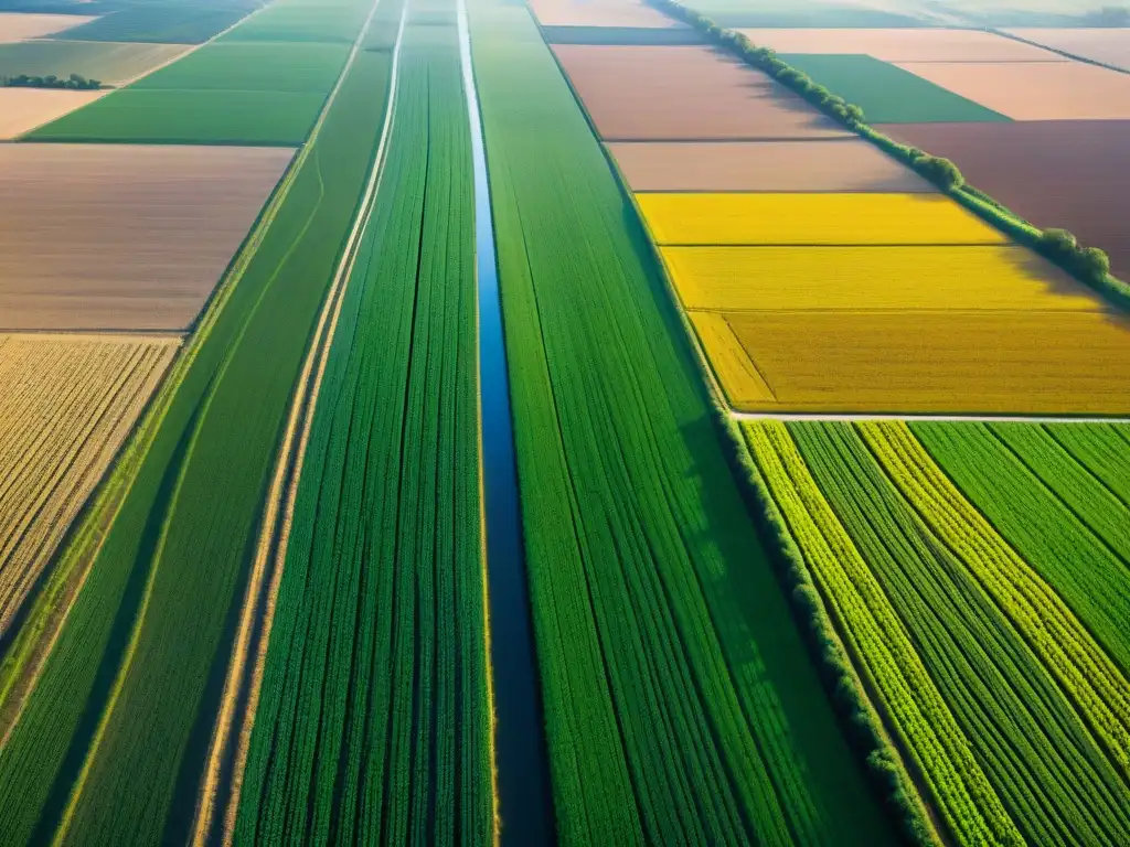 Contraste verde: efecto de la gestión del agua en la agricultura Un paisaje agrícola vasto: campos verdes y secos contrastan, mostrando la optimización del agua en la agricultura y su impacto en los ríos