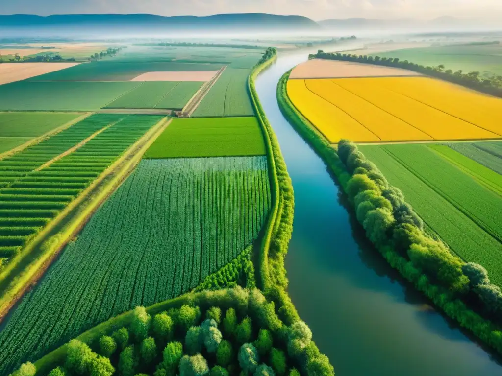 Esplendor agrícola: río y cultivos en armonía Un paisaje verde exuberante con un río serpenteante, destacando la optimización del uso del agua en la agricultura