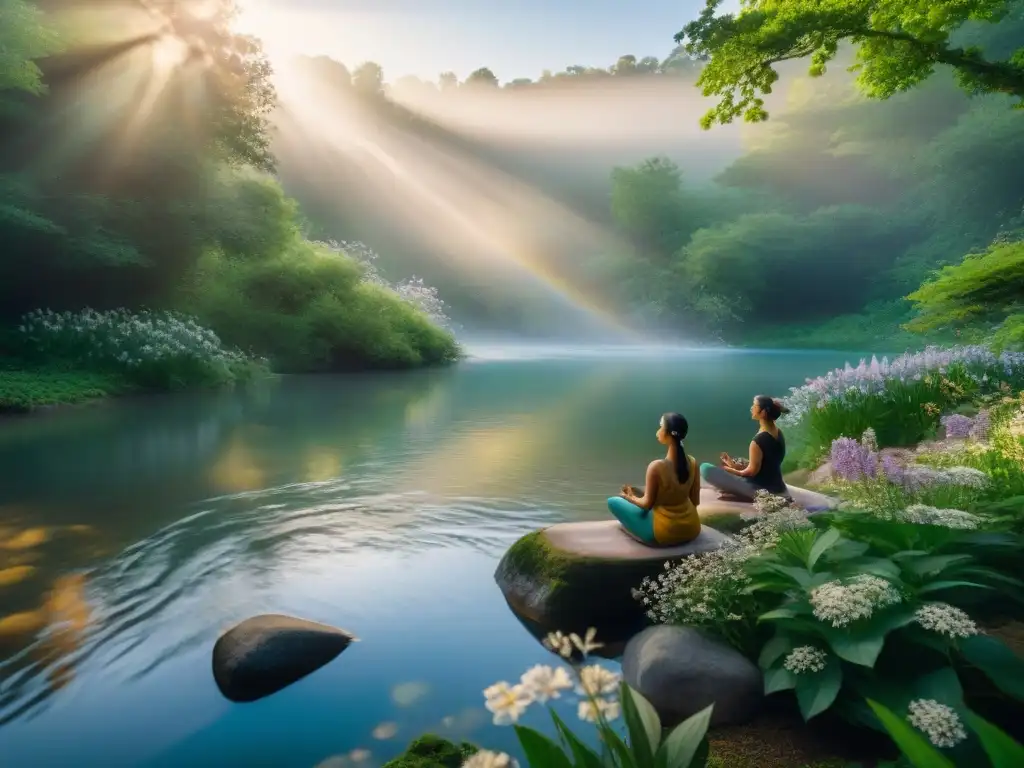 Medición en río: conexión con la naturaleza y energía Personas meditando en un río rodeadas de naturaleza exuberante y flores silvestres