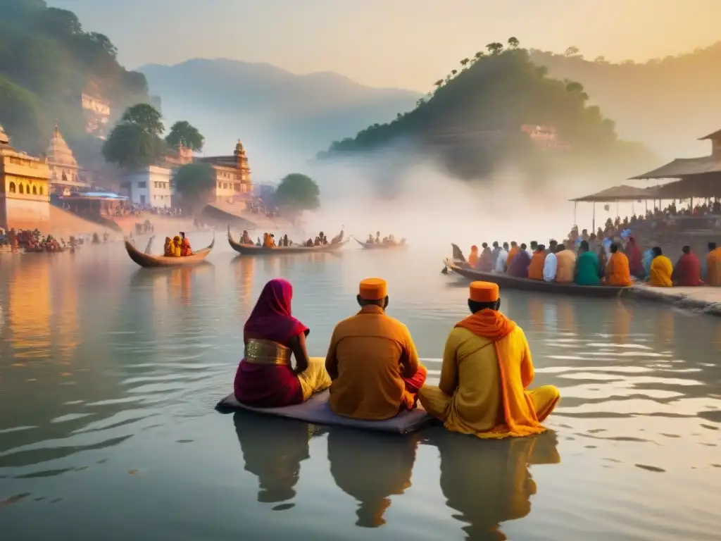 Ritual espiritual al amanecer en el Ganges Personas participando en un ritual espiritual al amanecer en el río Ganges
