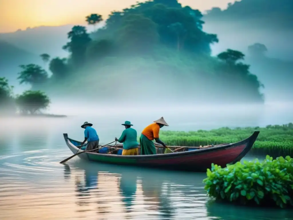 Pescadores artesanales al amanecer: belleza y trabajo en equipo en el río Pesca artesanal en comunidad fluvial al amanecer, destacando el impacto de sus prácticas tradicionales y sostenibles