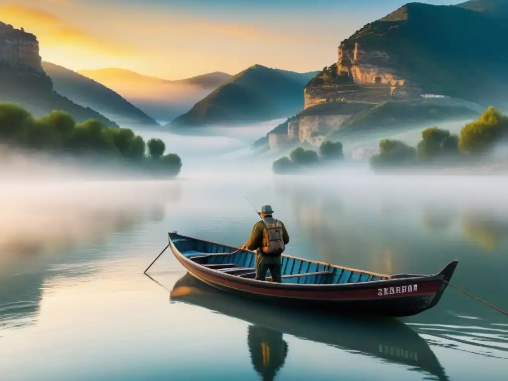 Pintura al óleo: Pescador solitario al amanecer en el río Ebro Pesca en el río Ebro experiencia: Pescador solitario en bote de madera al amanecer, rodeado de niebla sobre el agua tranquila
