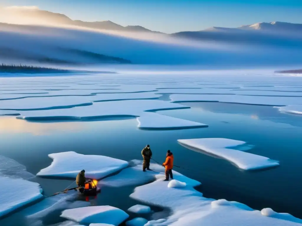 Pesca en hielo: belleza y aislamiento en Siberia Pesca en ríos congelados Siberia: pescadores siberianos envueltos en abrigos de invierno, perforando el hielo con determinación en un paisaje helado