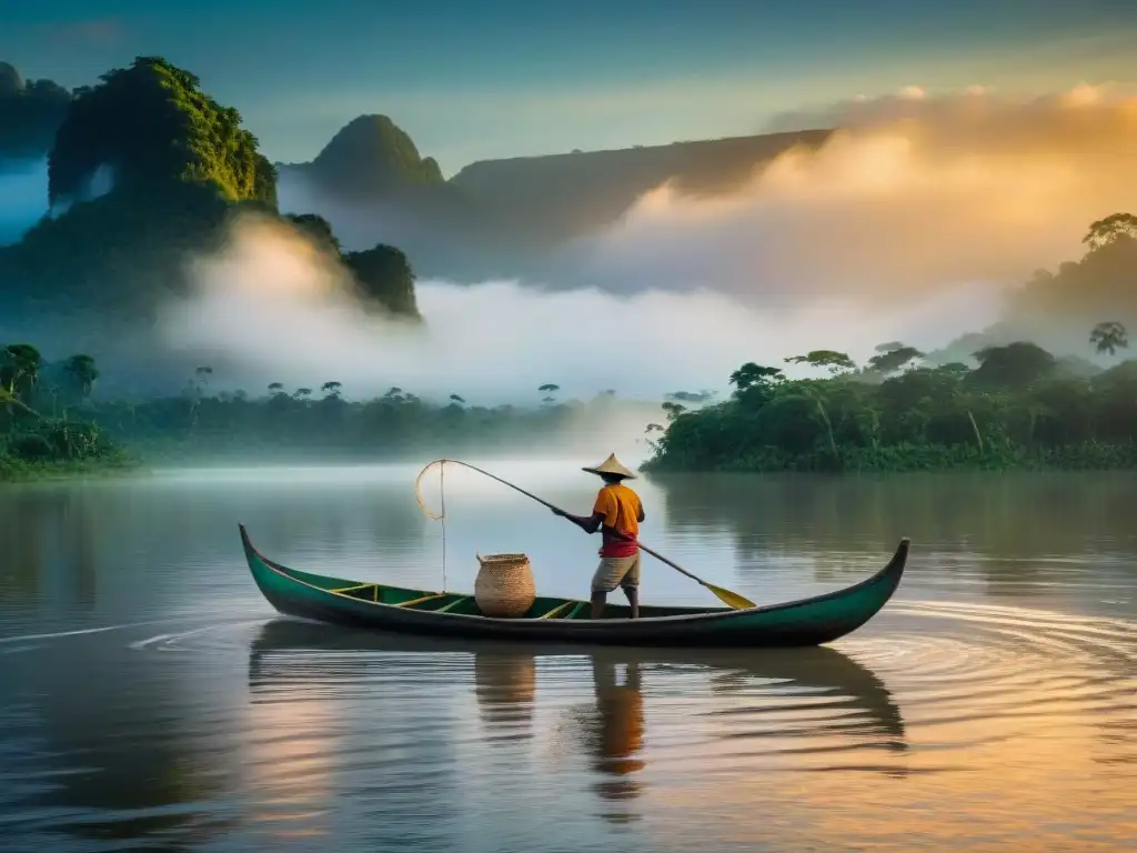 Pescador amazónico al atardecer Un pescador amazónico lanza su red al atardecer en el río Amazonas