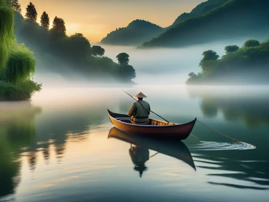 Paisaje fluvial al atardecer: pescador en bote de madera Pescador artesanal en bote en río al atardecer, reflejando la calma y belleza de las comunidades fluviales