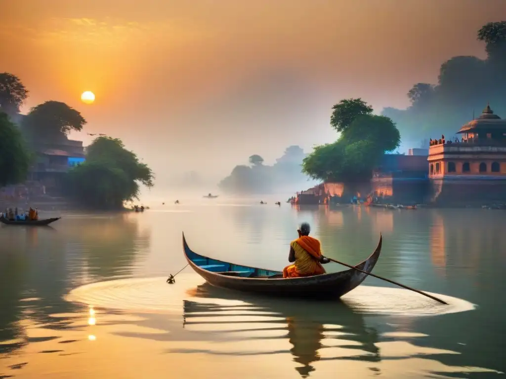 Paisaje sereno del Ganges al amanecer con pescador en bote de madera Pescador en un bote de madera surcando el Ganges al amanecer, reflejando el cielo vibrante en el agua serena