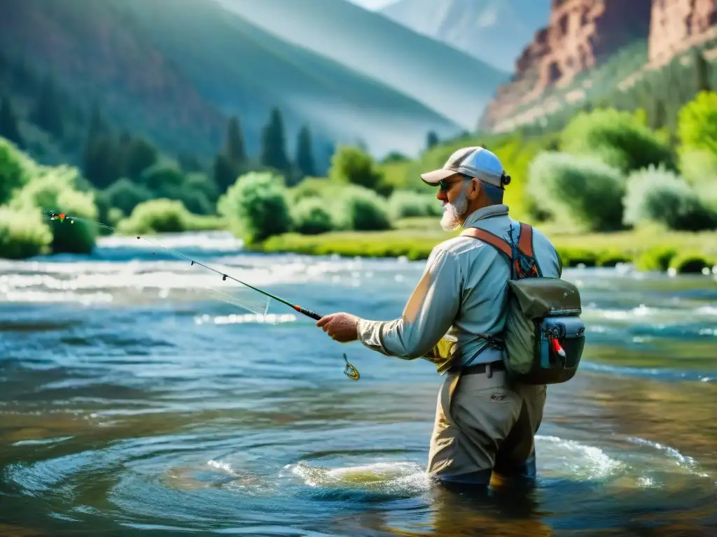 Maestría en el río: Pescador de moscas en Colorado Un pescador experimentado practica técnicas de pesca con mosca en el Colorado, lanzando su línea con destreza en el río