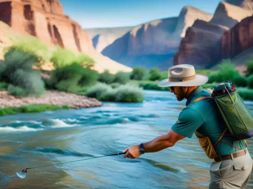 Maestría en la mosca: Angler en acción en el río Colorado Un pescador experto en el Colorado ejecuta con destreza técnicas de pesca con mosca