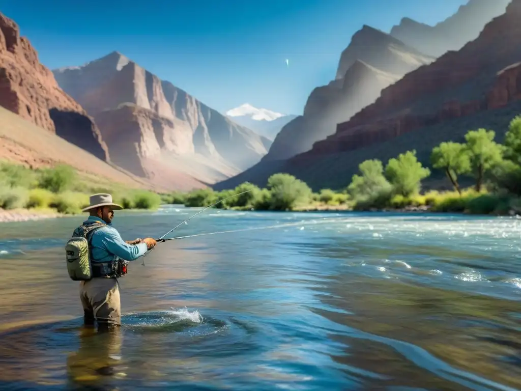 Maestría en el río Colorado: Pesca con mosca en paisaje alpino Un pescador experto en el río Colorado practicando técnicas de pesca con mosca