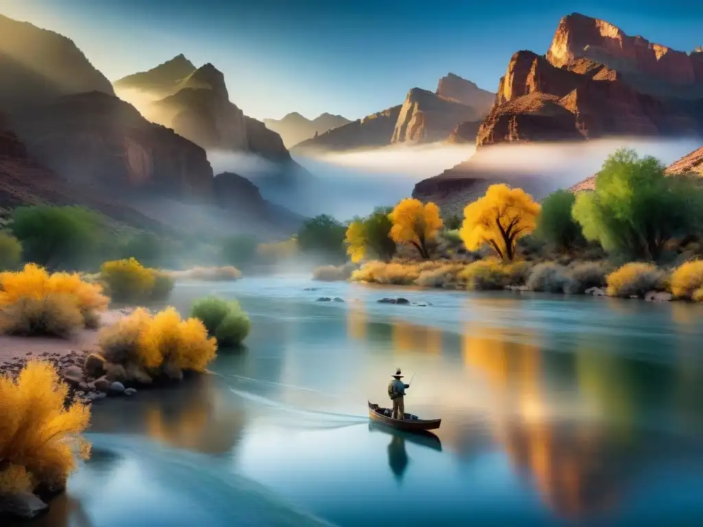 Fly fishing al amanecer en el río Colorado Pescador experto practicando técnicas de pesca con mosca en el Colorado al amanecer, con montañas reflejadas en el agua dorada