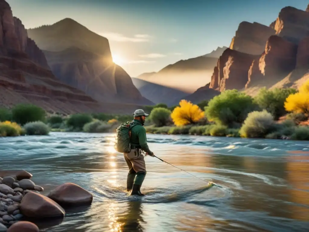 Pescador experto en acción: Amanecer en el río Colorado Un pescador con mosca experimentado pesca al amanecer en el majestuoso río Colorado