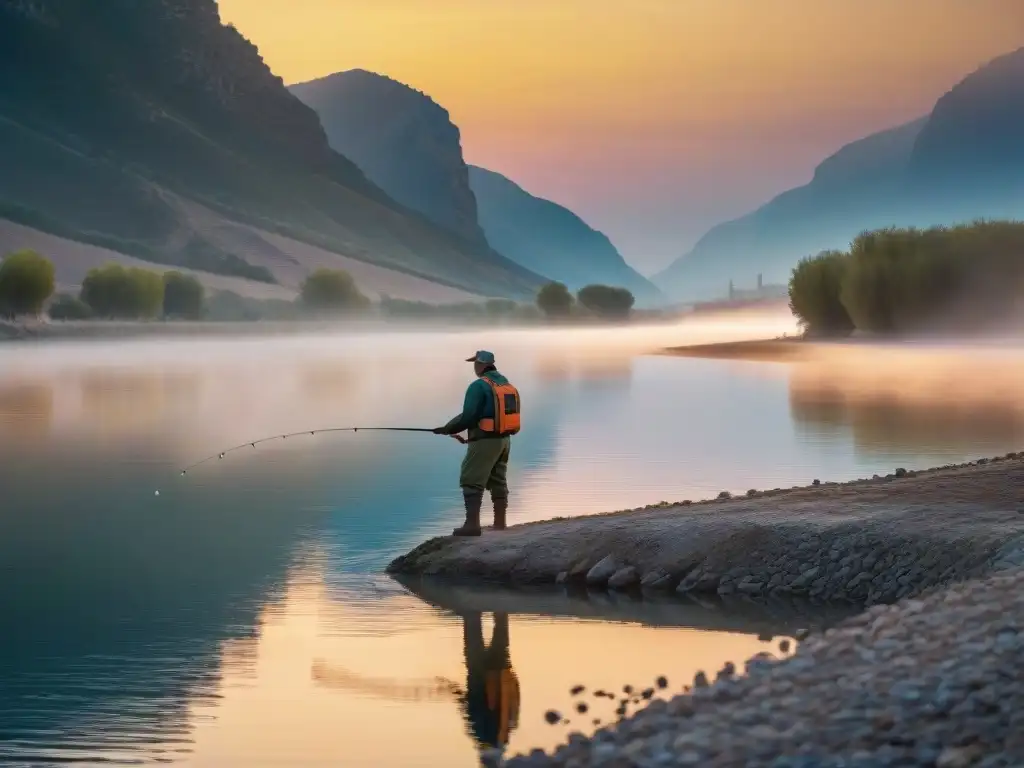 Pesca al amanecer: pescador solitario en el río Ebro Pescador solitario lanzando su línea al amanecer en el río Ebro, reflejando la serenidad y emoción de la pesca en el río Ebro experiencia