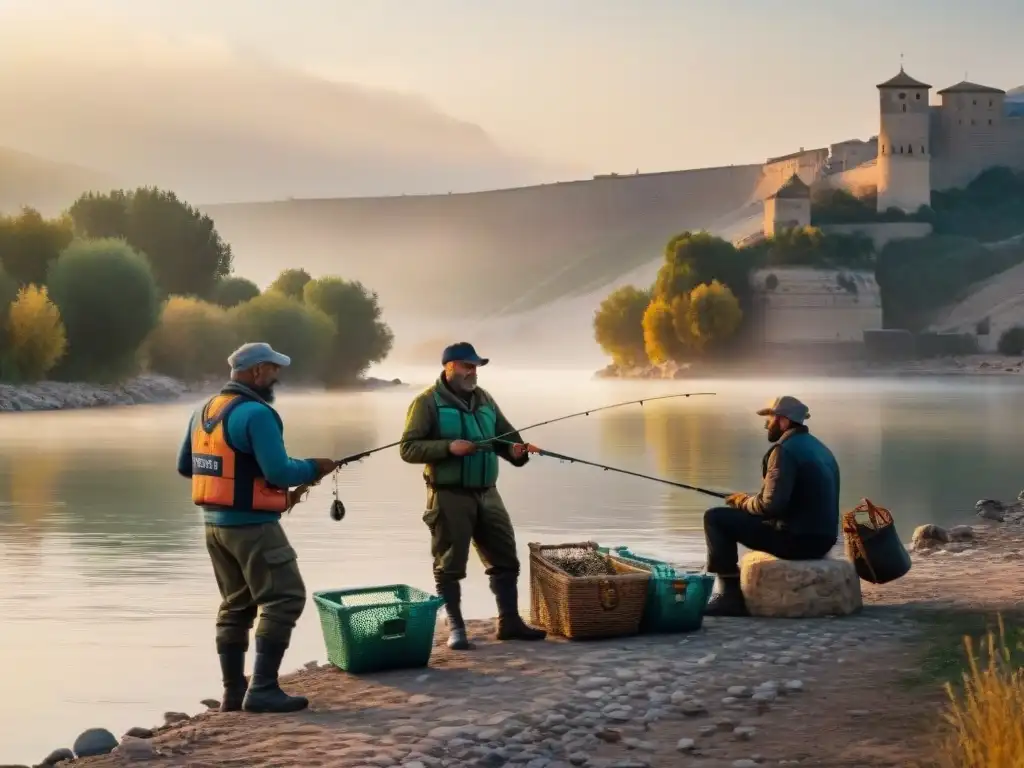 Pescadores al amanecer en el río Ebro: tradición y calma Pescadores preparando sus aparejos al amanecer en el río Ebro, reflejando la tradición y la tranquilidad de la pesca en el río Ebro experiencia