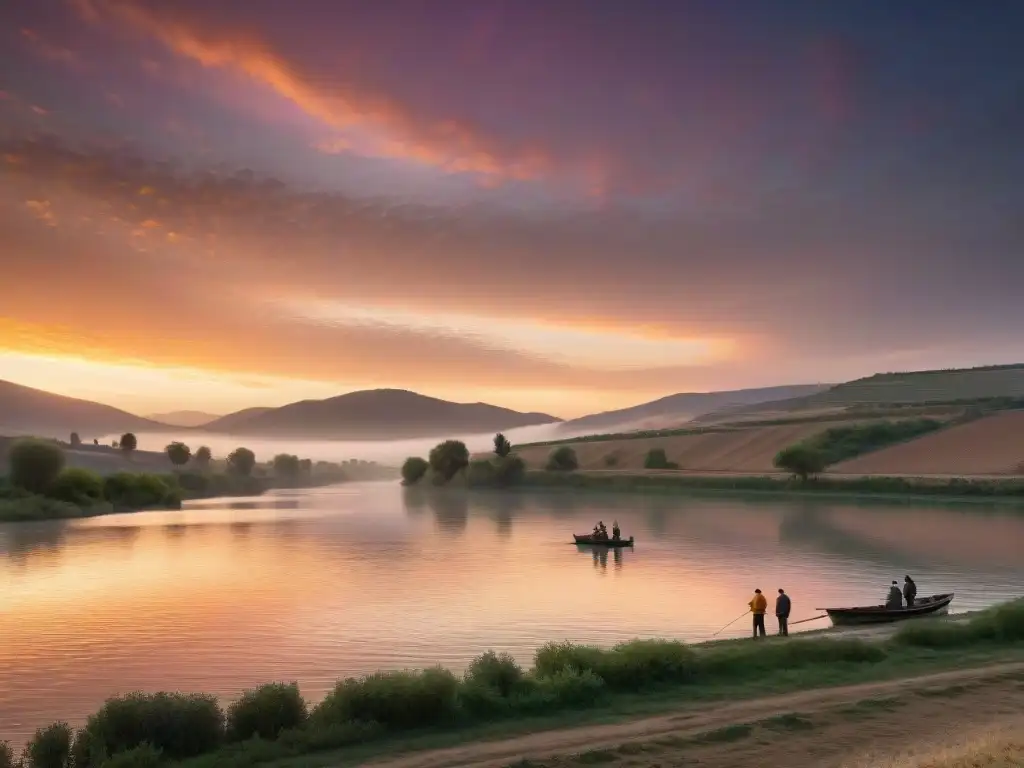 Pescadores al atardecer en el río Ebro: conexión con la naturaleza Pescadores locales pescando al atardecer en el río Ebro, reflejando la belleza natural