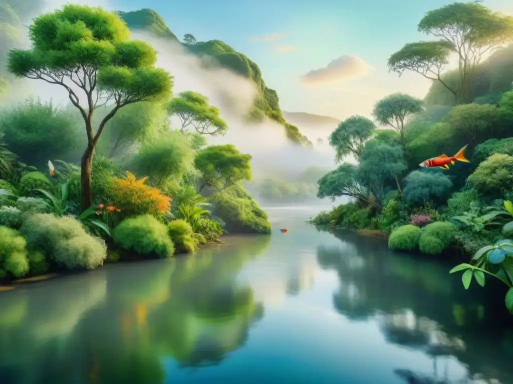 Pintura acuarela realista de ecosistema fluvial vibrante Pintura acuarela detallada de un ecosistema fluvial vibrante con flora y fauna diversa