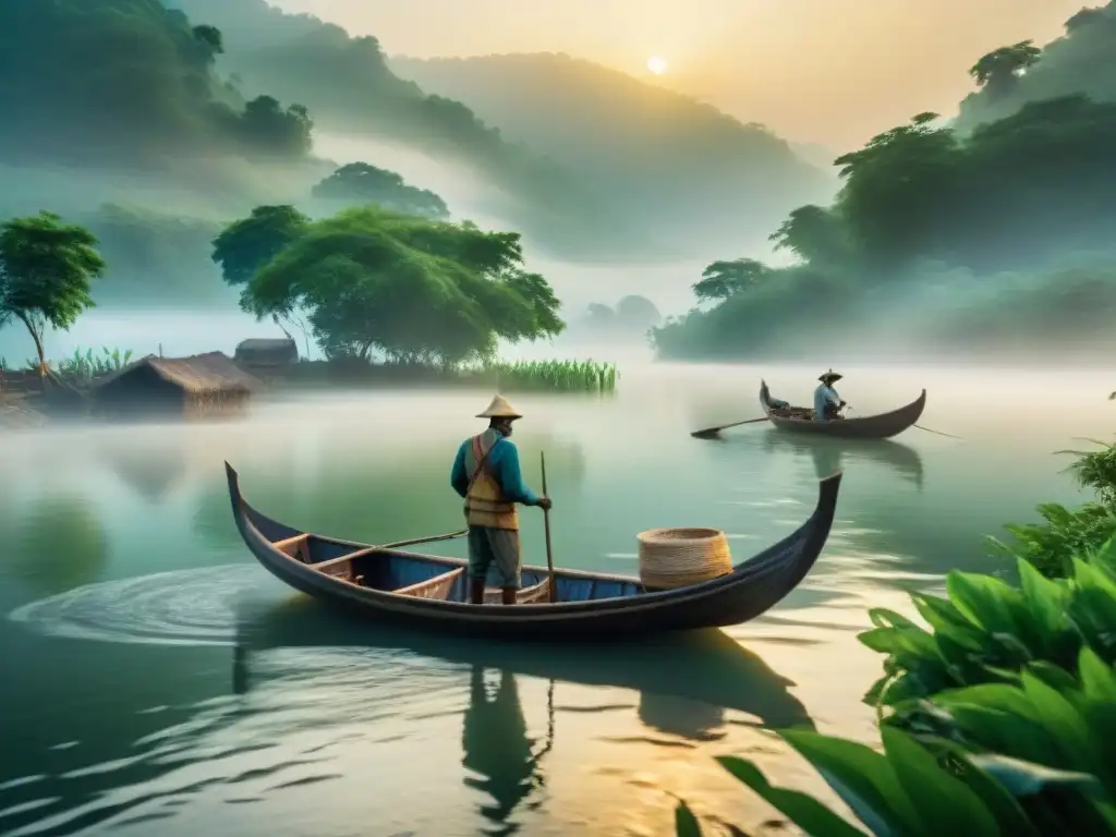 Pescadores artesanales al amanecer en río pintoresco Pintura impactante de pescadores artesanales en río al amanecer, reflejando la vida en comunidades fluviales