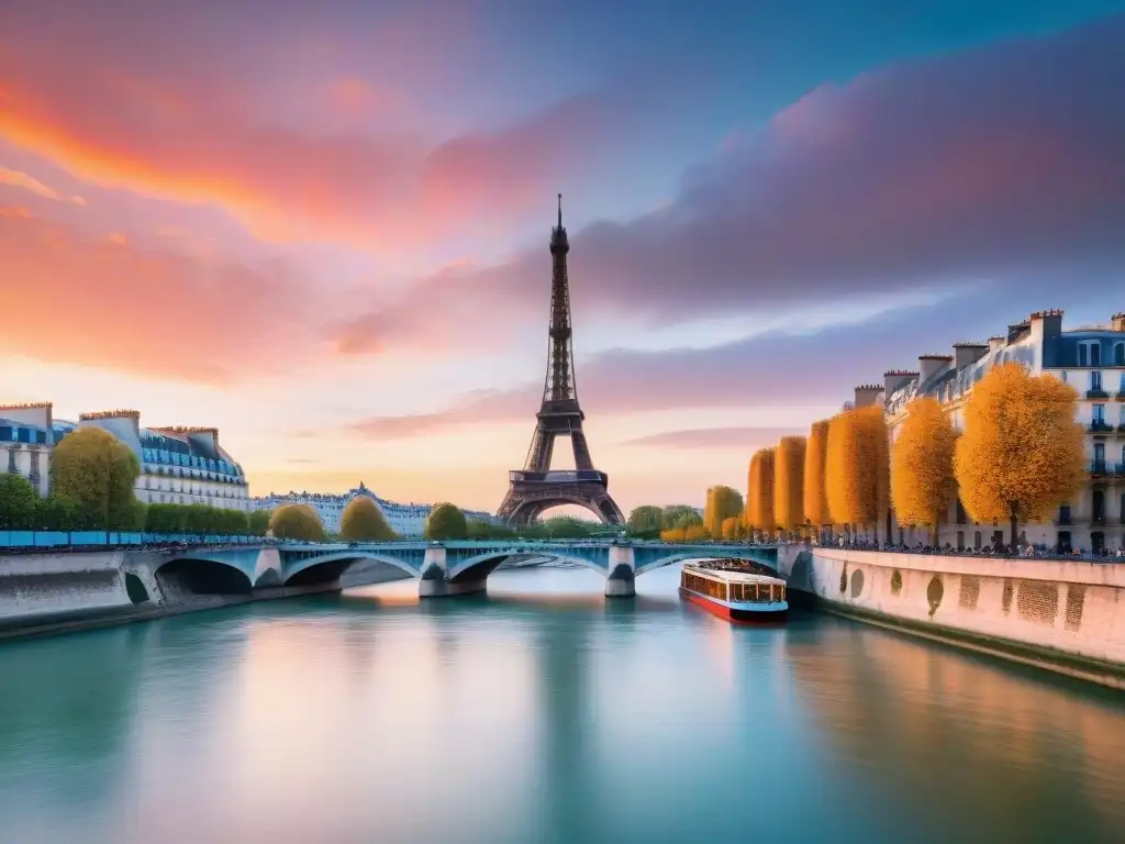 Puesta de sol en el Sena: Eiffel y arte impresionista Pintura al óleo detallada de un atardecer sereno sobre el Río Sena en París, reflejando la icónica Torre Eiffel