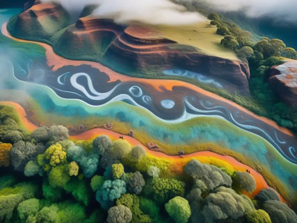 Pintura rupestre aborigen detallada de un río mítico en paisaje exuberante