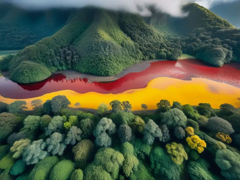 Pintura rupestre aborigen de mitología ríos en vibrantes colores, con figuras indígenas danzando ceremonialmente