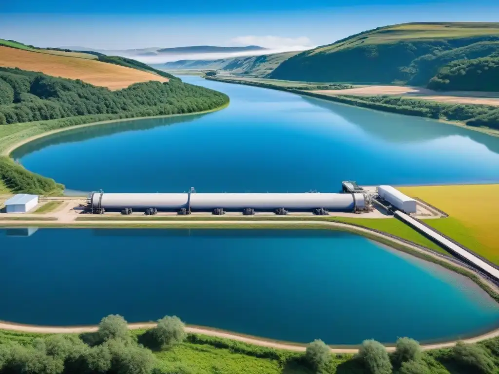Planta de purificación de agua avanzada en río cristalino Planta moderna de filtración de agua en un río, destacando la importancia de los sistemas de filtración avanzados