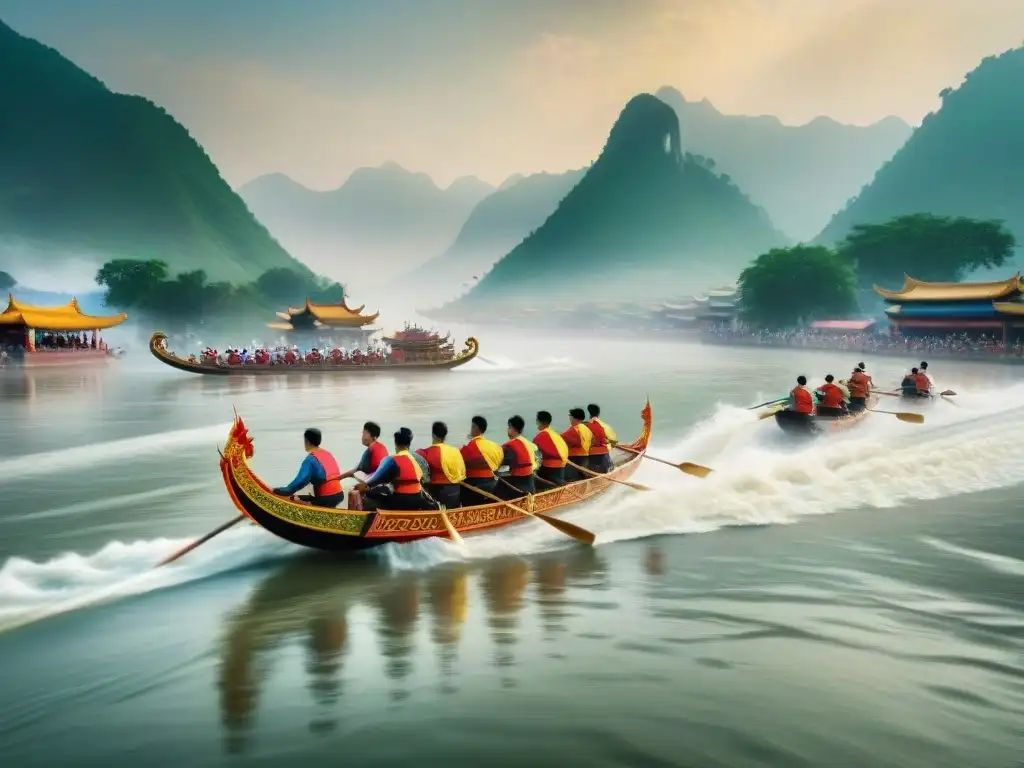 Espectacular barco dragón en el Festival del Barco Dragón El Dragón del Río Qiantang en plena festividad: bote majestuoso, aguas turbulentas, remadores sincronizados y montañas neblinosas
