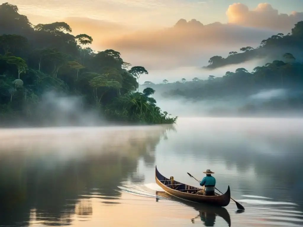 Amazonas al amanecer: serenidad en el río Invertir en propiedades junto al majestuoso río Amazonas al amanecer, reflejando la tranquilidad de sus aguas y la exuberante selva