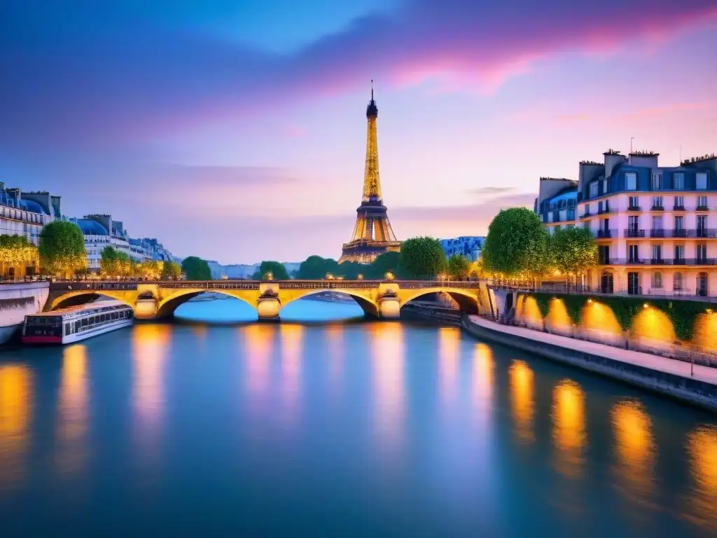 Puesta de sol en el río Sena: encanto parisino Invertir en propiedades en ríos emblemáticos: la icónica Torre Eiffel al atardecer sobre el río Sena en París