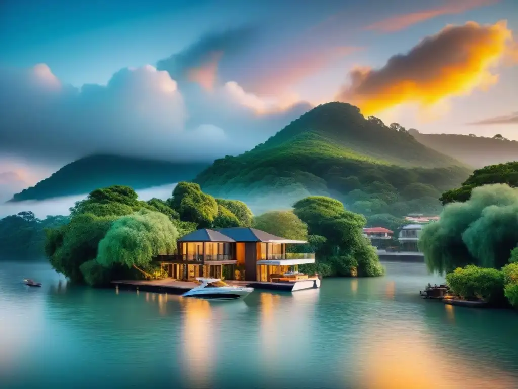 Propiedad de lujo en río con atardecer vibrante Invertir en propiedades ríos emblemáticos: Una mansión de lujo con vista al río al atardecer