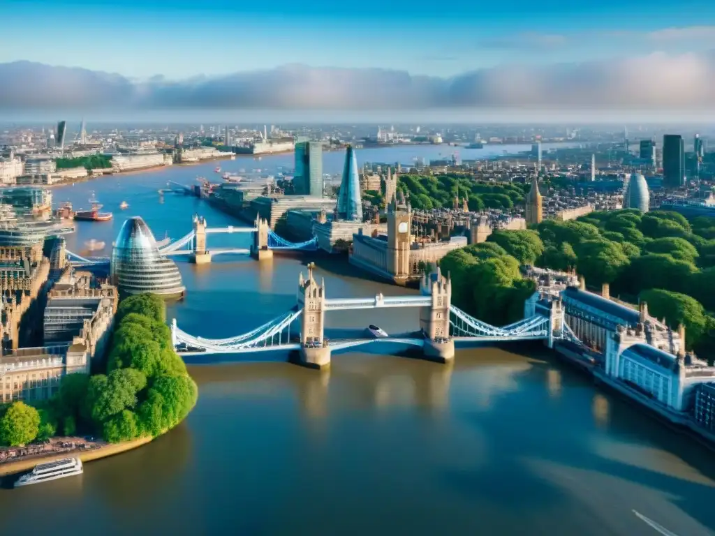 Propiedades de lujo en el río Támesis, Londres Invertir en propiedades en ríos emblemáticos: Vista aérea de lujosas residencias junto al Támesis en Londres, con Tower Bridge al fondo