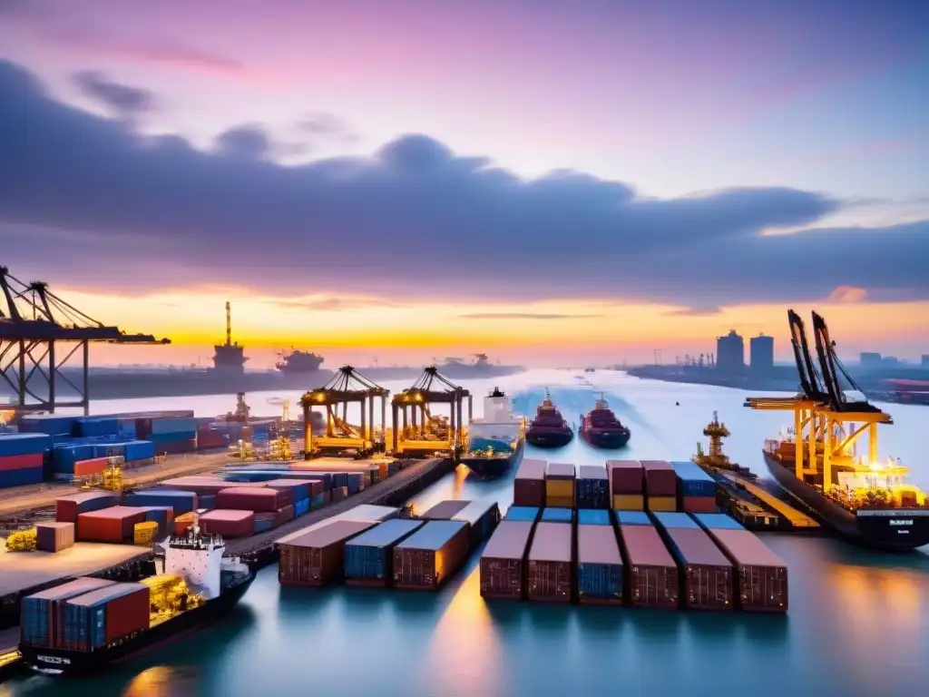 Puerto fluvial al atardecer: actividad frenética bajo un vibrante cielo Un puerto fluvial bullicioso al anochecer, con barcos descargando contra un vibrante cielo al atardecer