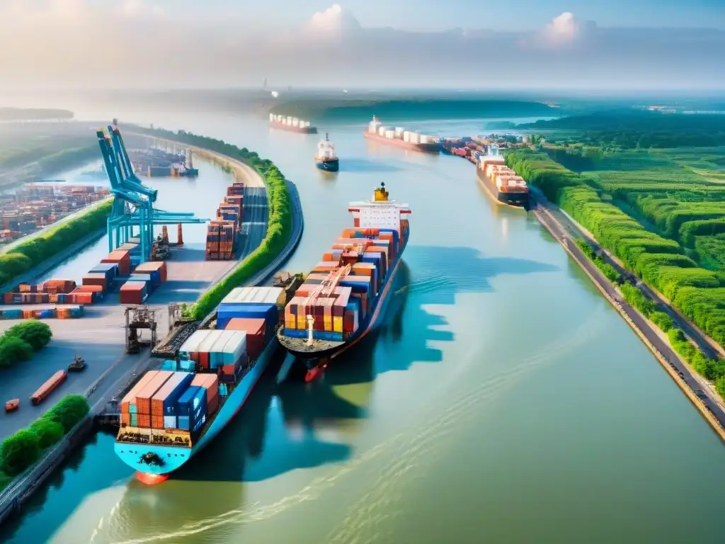 Vista aérea impresionante de puerto fluvial en pleno auge económico Un puerto fluvial bullicioso, con barcos descargando mercancías y trabajadores activos en muelles, rodeado de exuberante vegetación