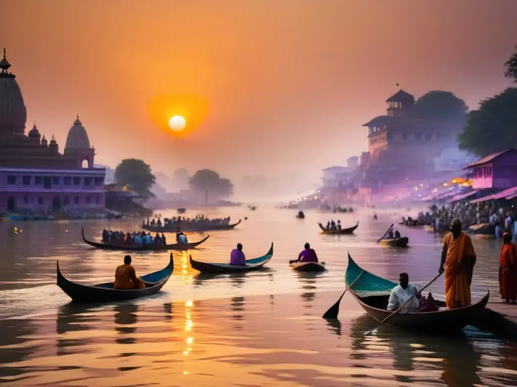 Puesta de sol dorada en el Ganges: peregrinos y ofrendas en barcas Puesta de sol dorada sobre el Ganges, con peregrinos y ofrendas en barcas
