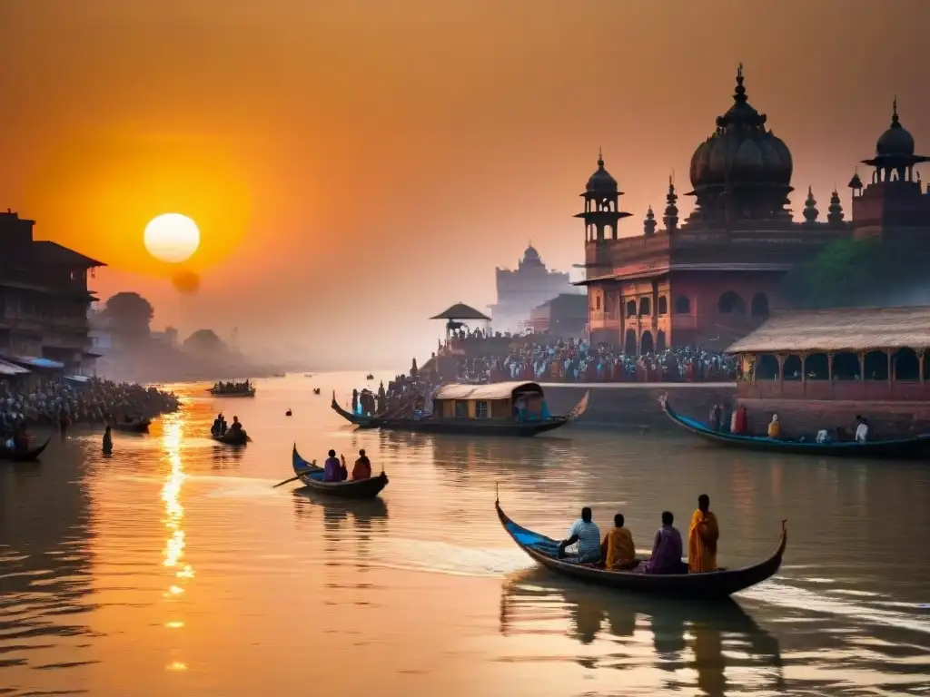 Atardecer mágico en el Ganges: rituales sagrados y vibrantes colores Puesta de sol sobre el río Ganges en India, reflejando colores vibrantes y barcas deslizándose
