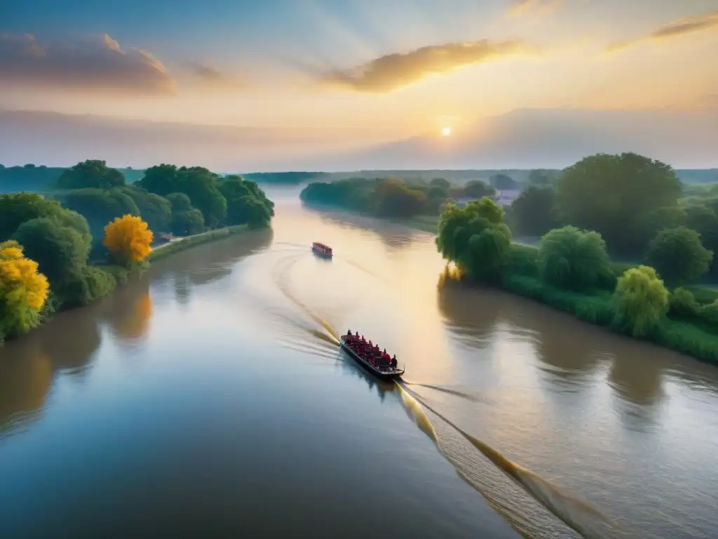 Puesta de sol vibrante en el río Mississippi: cultura y tradición Puesta de sol vibrante sobre el río Mississippi, reflejando la diversidad cultural en actividades artísticas