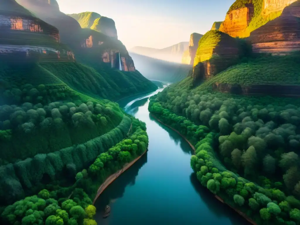 Cañones míticos: red de belleza natural y poder transformador Red de cañones profundos en un río mítico, con vegetación exuberante y agua cristalina fluyendo, destacando la erosión y leyendas de la naturaleza