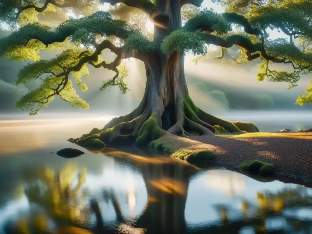 Reflejo dorado: majestuoso roble en río sereno Reflejo mágico de un roble antiguo en un río sereno, con la luz dorada filtrándose entre las hojas