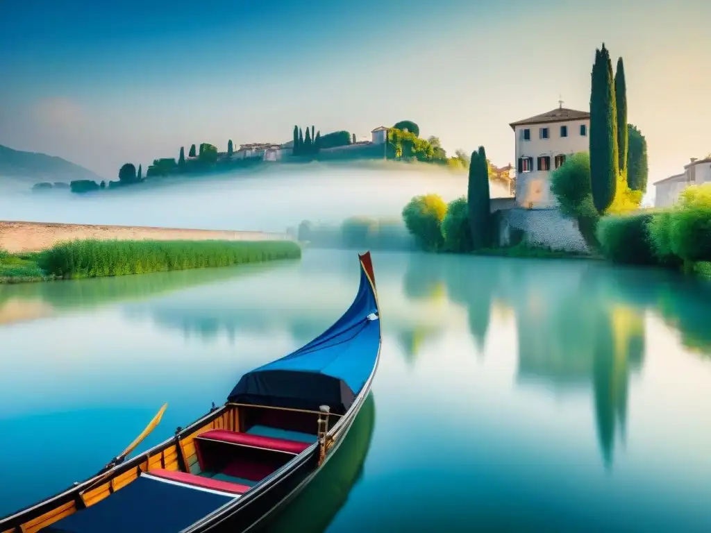 Reflejos de edificios históricos y una góndola en el Río Po, evocando la historia y cultura italiana