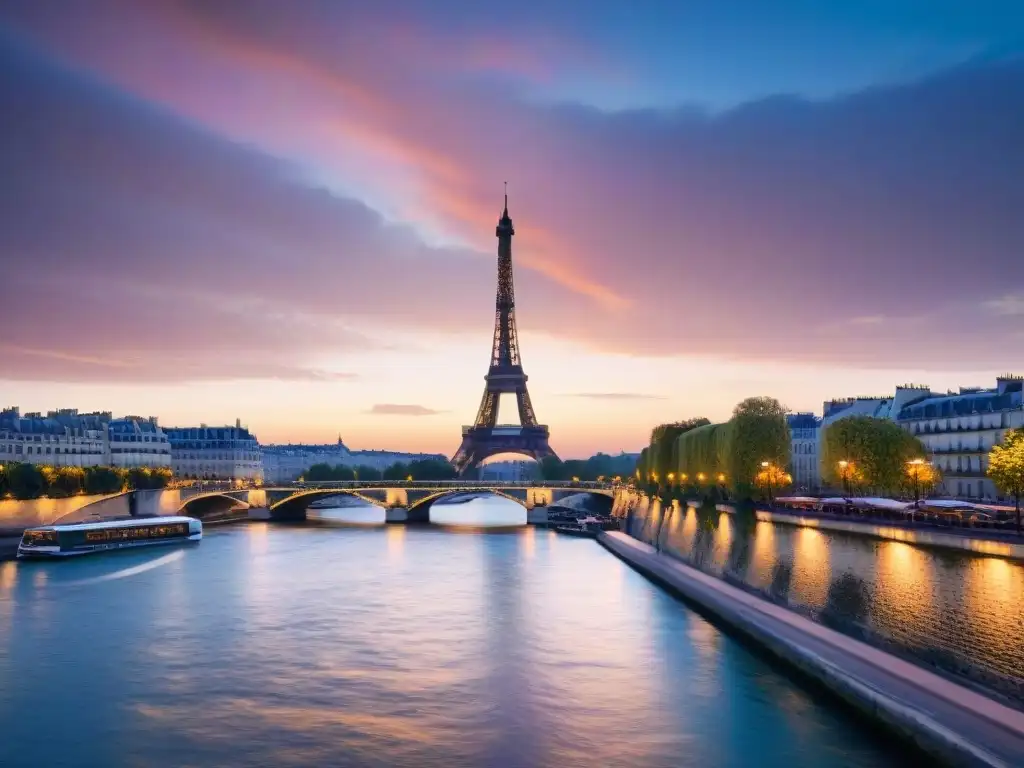 Puesta de sol en el Sena: poesía visual de París Reflejos literarios del río Sena en París al atardecer, con la icónica Torre Eiffel y el suave reflejo de las luces en el agua