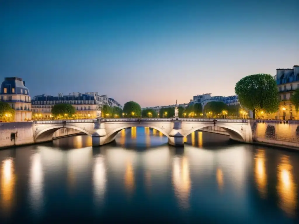 Reflejos nocturnos del Pont Neuf en el río Sena, París Reflejos literarios del río Sena: Vista en blanco y negro del río con el icónico Pont Neuf y luces de la ciudad reflejadas en el agua