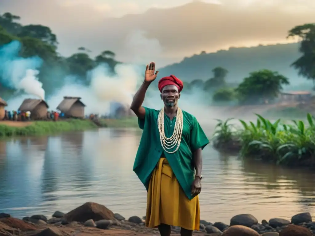 Protesta comunitaria en el río Congo contra la contaminación industrial Resistencia de comunidades locales en el río Congo contra la contaminación industrial, rostros determinados y manos alzadas