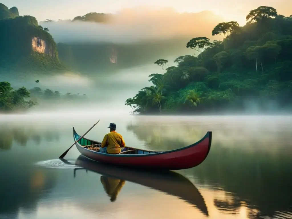 Amanecer sereno en el Río Orinoco: belleza natural y tranquilidad Retiros en el Río Orinoco: Amanecer sereno sobre el majestuoso río, reflejando colores vibrantes en aguas tranquilas, con selva tropical exuberante y canoa tradicional deslizándose pacíficamente